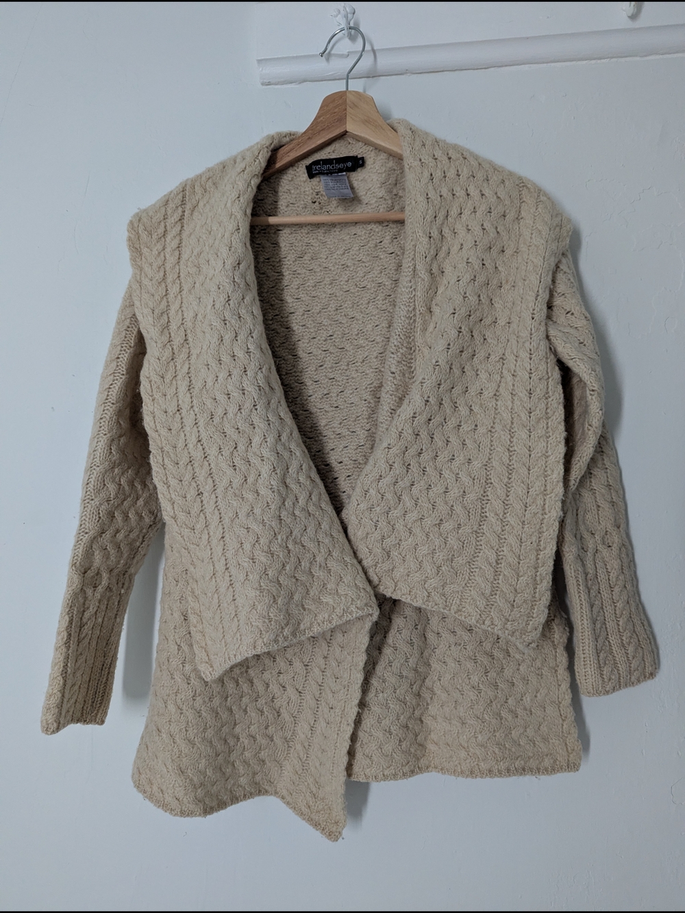 100% Wool Cream Open-Front Cable Knit Cardigan